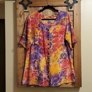 Blue Sky Multicolor Floral Tie Dye Rayon Button Up Blouse Size S Fits M/L